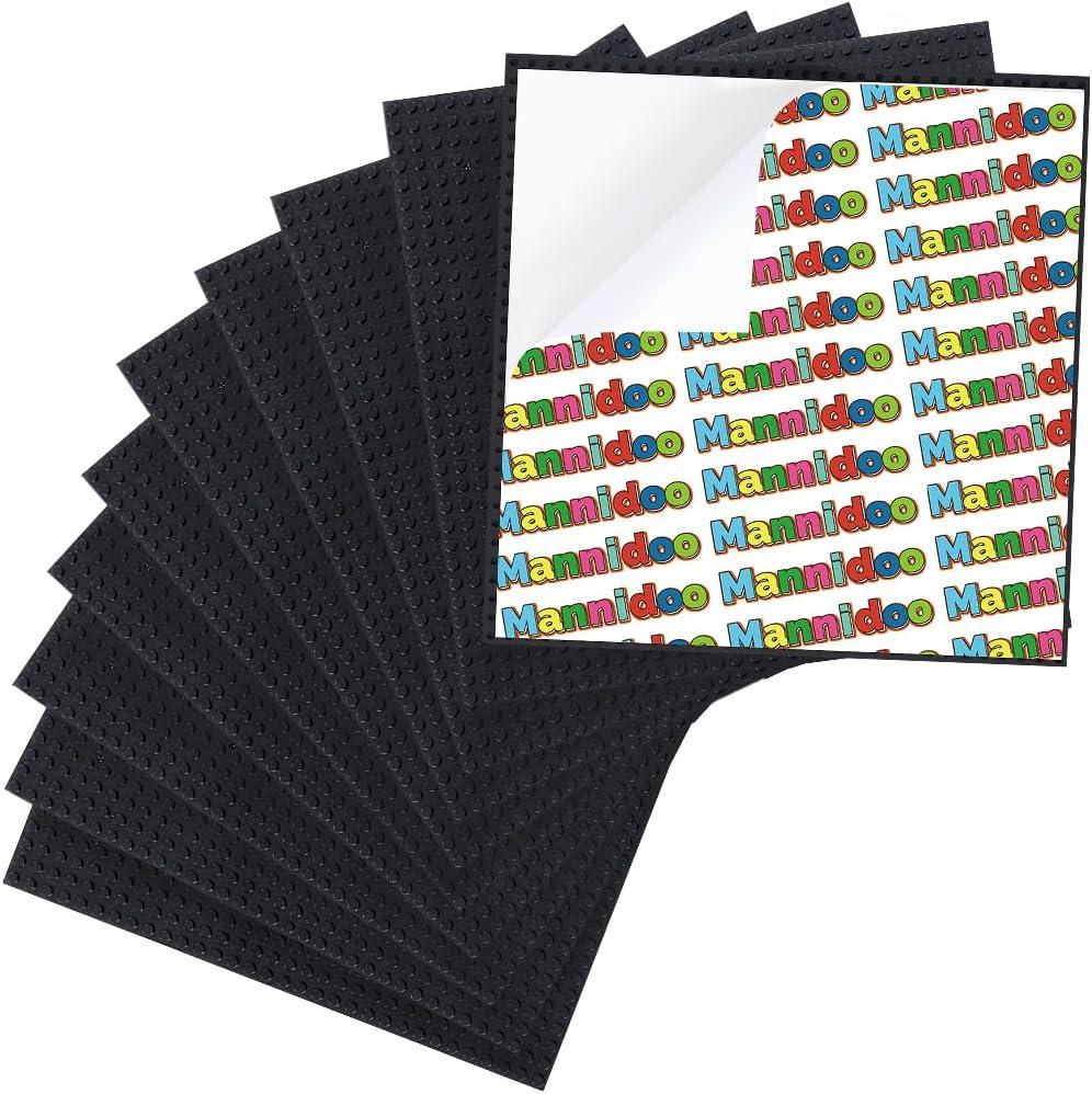 MANNIDOO Peel-and-Stick Baseplates, 10 Packs 10" x 10 Classic Adhesive Building Base Plates for Walls and Tables - Compatible with All Major Brands (Black)