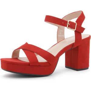 Shoe Land Platform Heels for Women  3 Inch Chunky Block Heeled Sandals, Square Open Toe, Ankle Strap Dressy Strappy High Heels for Wedding, Party & Evening Events (8.5, Red)