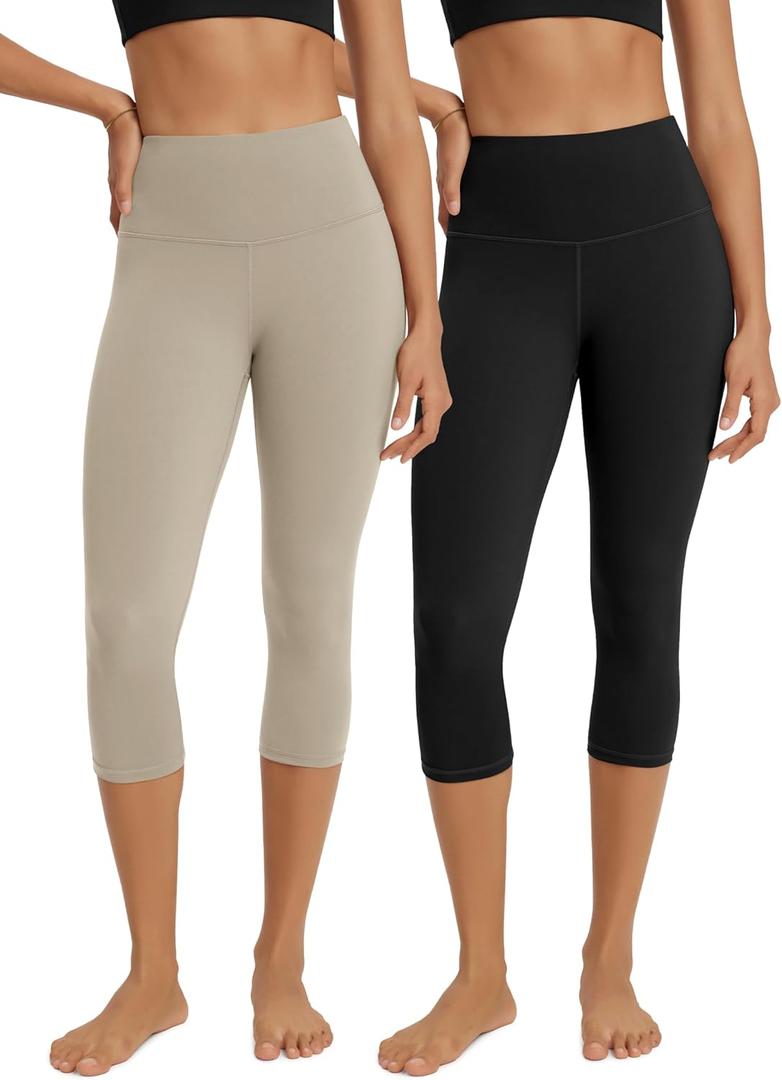 ODODOS 2-Pack High Waist Workout Capris for Women, 19" Tummy Control Athletic Running Cropped Leggings, Black+Taupe, Medium 