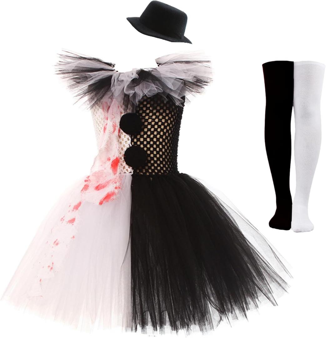 Girls Clown Costume Halloween Cosplay Clown Tutu Dress Costume for Kids with Hat (3Y)