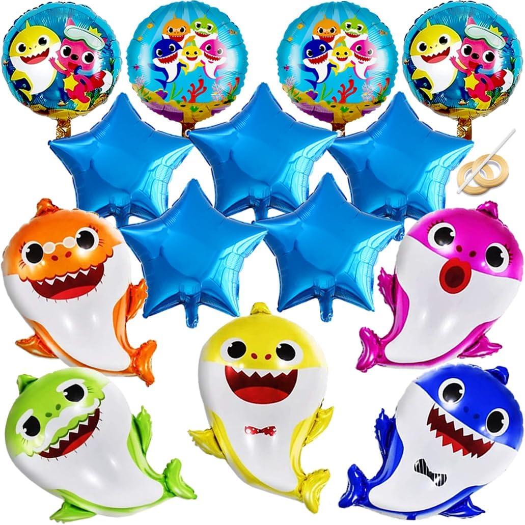 GRAME Shark Birthday Party Decorations for Boys and Girls, 26 Cartoon Helium Balloons XL for Baby Birthday Party with 9 Pcs 18 Round and Star Ocean Theme Balloons, Shark Party Decorations (14 pcs)