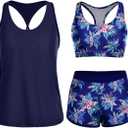 Yonique 3 Piece Athletic Tankini Swimsuits for Women with Shorts Swim Tank Tops with Sports Bra and Boyshorts Bathing Suits (Large, Blue Floral)