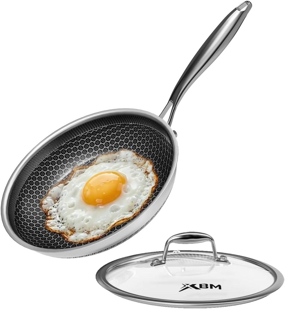 Nonstick Frying Pan with Lid 7-Inch, Durable Stainless Steel Skillet, Induction Cooktop Compatible, PFOA-Free Scratch-Proof, Dishwasher & Oven Safe, Stay-Cool Handle, Silver Kitchen Cookware