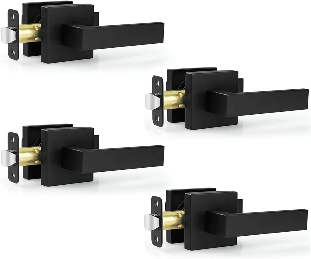 Estmoon 4 Pack Passage Door Knobs - Black Door Handle Interior Door Levers, Heavy Duty Non-Locking Locksets Hall Closet Handles, Reversible for Right & Left Sided Doors