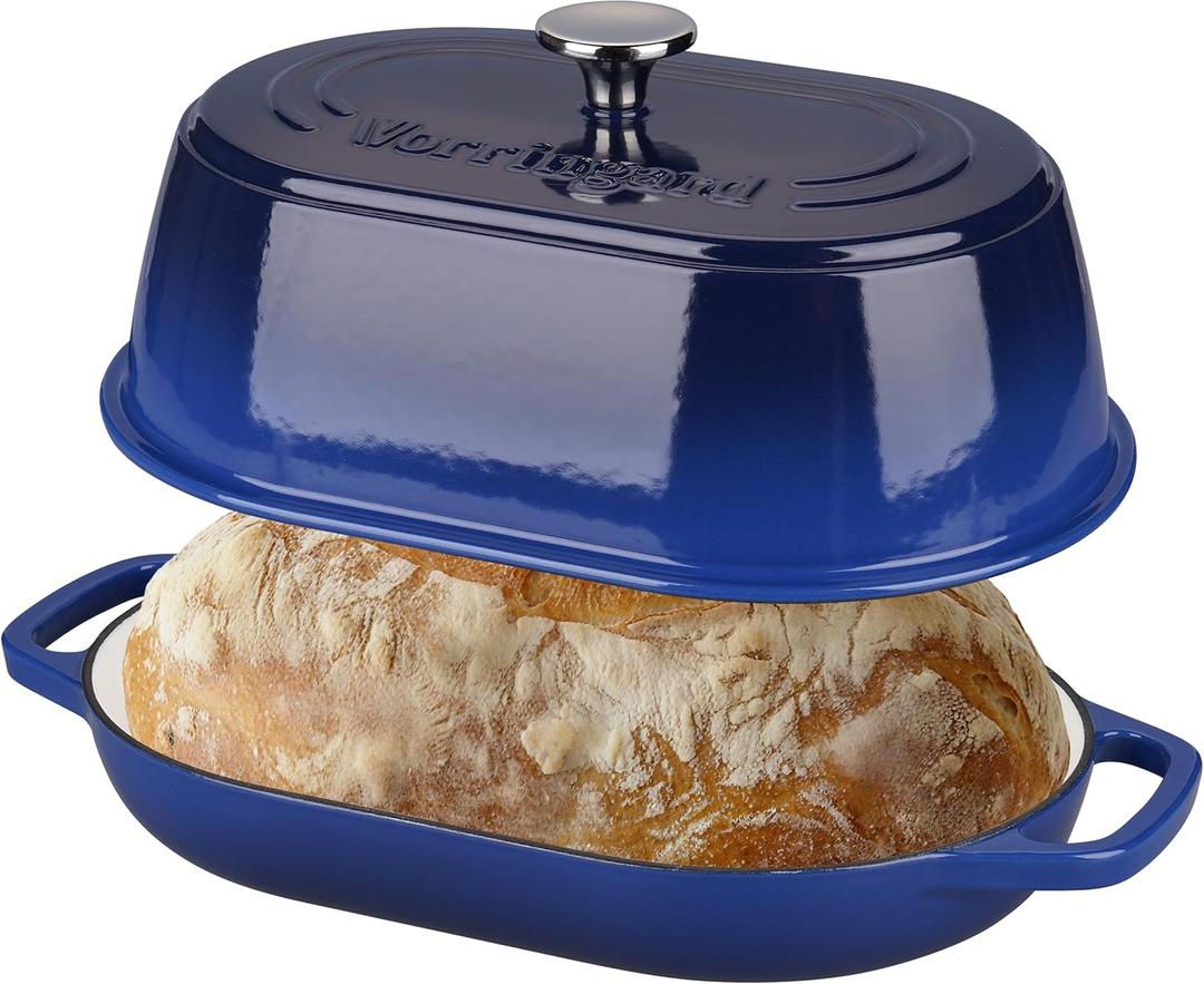 VORRINGARD Enameled Cast Iron Dutch Oven Pot with Dome Lid, Oval Bread Oven for Homemade Sourdough Bread Baking, Oven Safe up to 500F, 6 Quart, Blue