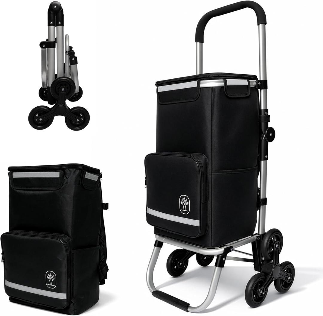 Foldable Stair Climbing Shopping Cart with Wheels 3-in-1 Grocery Trolley, Backpack & Hand Truck Lightweight Aluminum Frame, Waterproof Insulated Bag, Side Pockets Cart for Groceries & Laundry