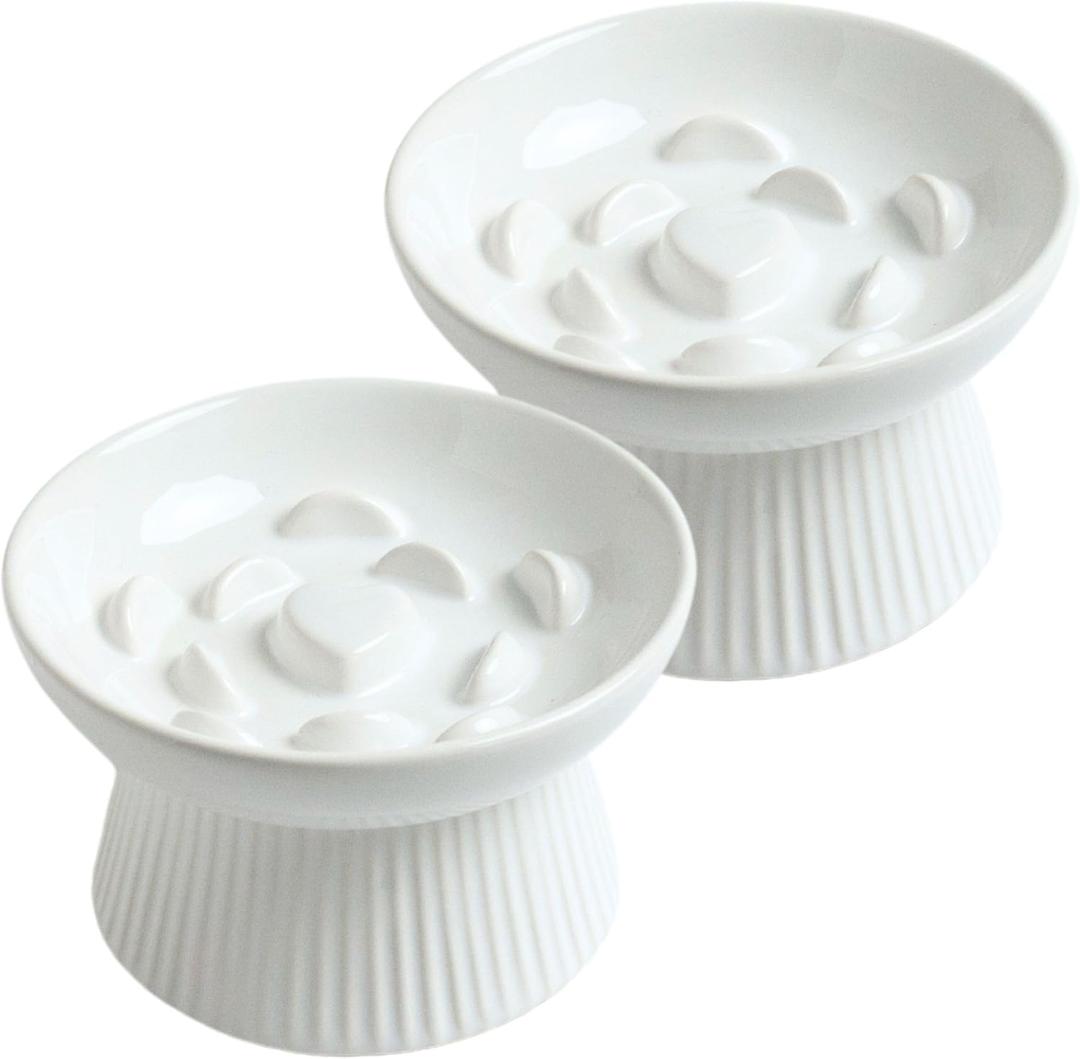 2 Pack Ceramic Slow Feeder Cat Bowl, Raised Puzzle Feeder, Anti Vomiting, Elevated Food Bowl, Whisker Friendly (White)