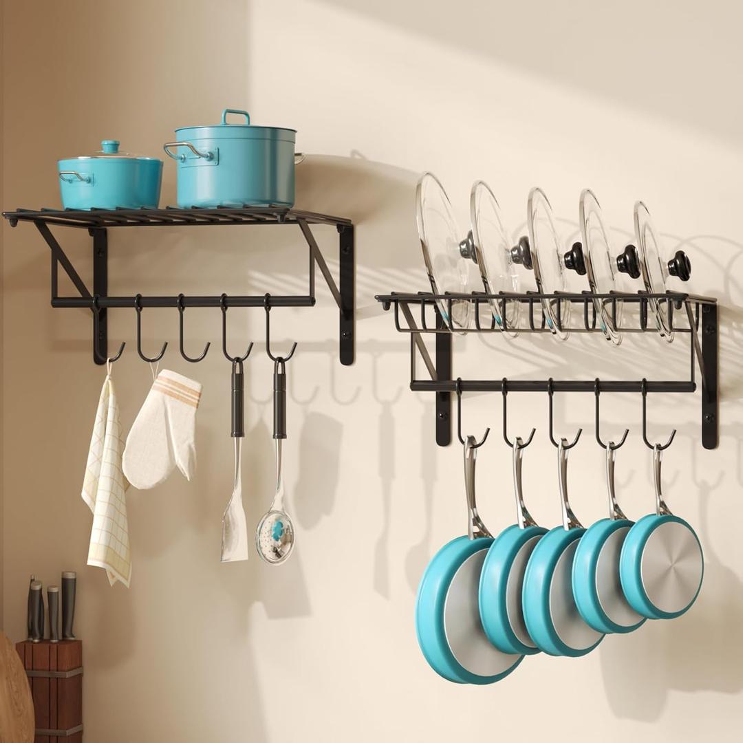 Hongtamoy 2 Packs Wall Mounted Pot Lid Rack Organizer, Hanging Pot and Pan Lid Organizer for Kitchen with 10 Upgrade Hooks, Pot Lid Holder for Cookware,Pans,Utensils Organization, Black Hongtamoy 2 Packs Wall Mounted Pot Lid Rack Organizer, Hanging Pot and Pan Lid Organizer for Kitchen with 10 Upgrade Hooks, Pot Lid Holder for Cookware,Pans,Utensils Organization, Black