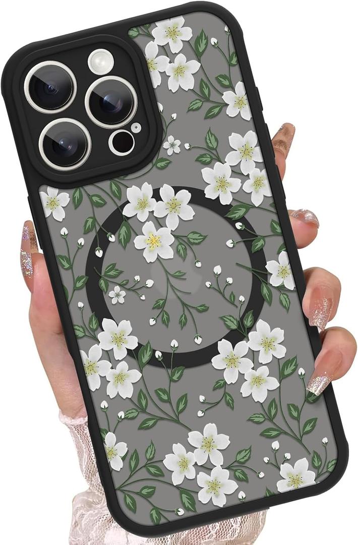 OOK for iPhone 16 Pro Max Case Cute White Flower Floral Leaves Design for Girls Women Compatible with Magsafe Soft TPU Camera Lens Protective Magnetic Phone Cover White#1