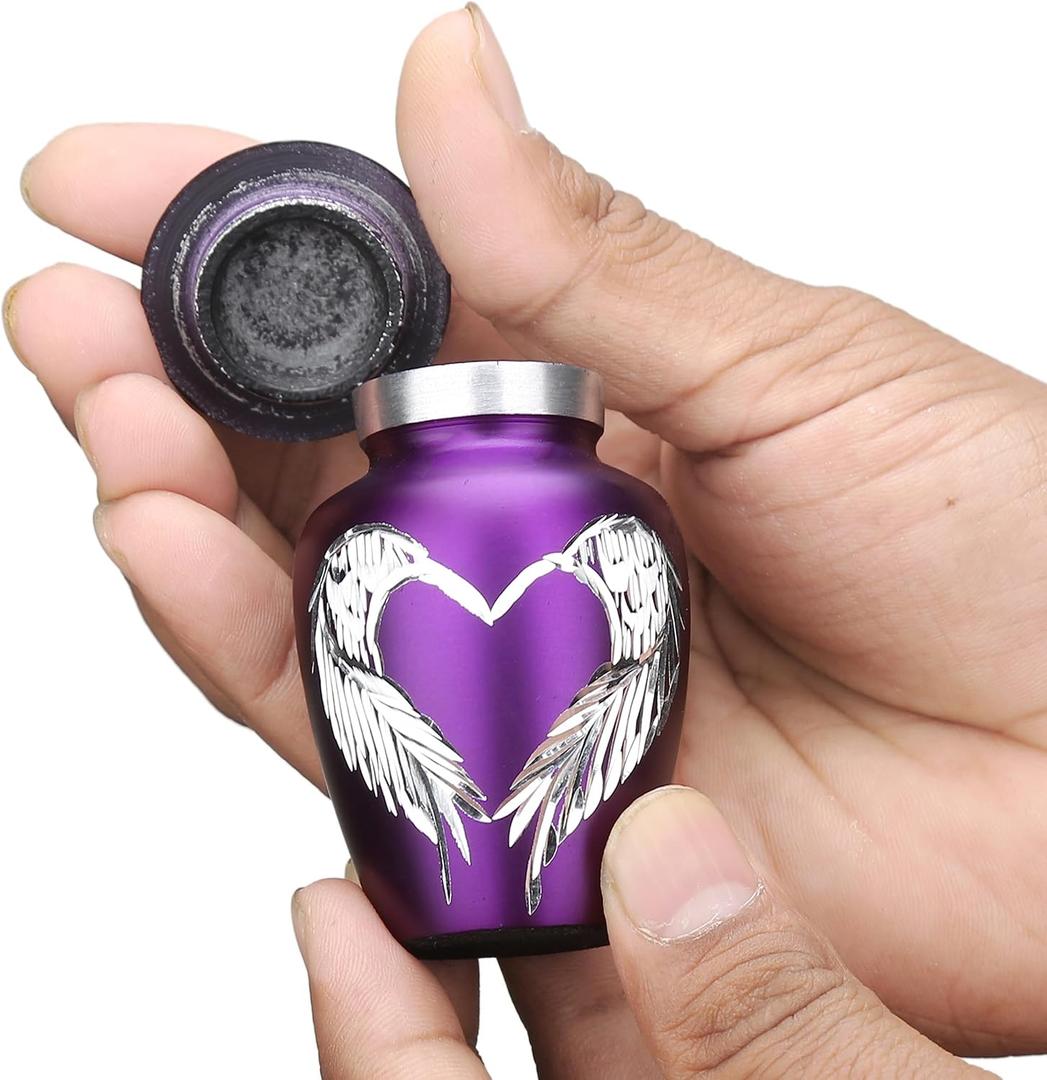 Purple Small Urns for Human Ashes - Angel Wings & Heart Mini Urns - Cremation Keepsakes urns for Ashes - Ash Holders  Urn -ERN - Tiny Urns for Men - Miniature Urn - (Single)