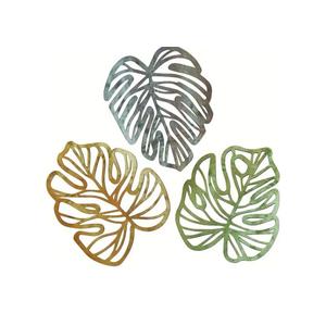 Palm Leaves Wood Wall Decor , 3Pcs Tropical Wall Art Jungle Decor, Wooden Natural Leaves Plant Wall Decor, Vintage Tropical Plant Plaque for Home Living Room Kitchen Bedroom Bathroom & Garden, Yellow&Blue&Green