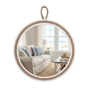 Vercraft Coastal Mirror 24" Wall Decor with Rope Wrapped Trim and Hanging Loop Nautical Round Circle Mirror Nautical Rustic Decorative for the Living Room, Bedroom Bathroom and Entryway