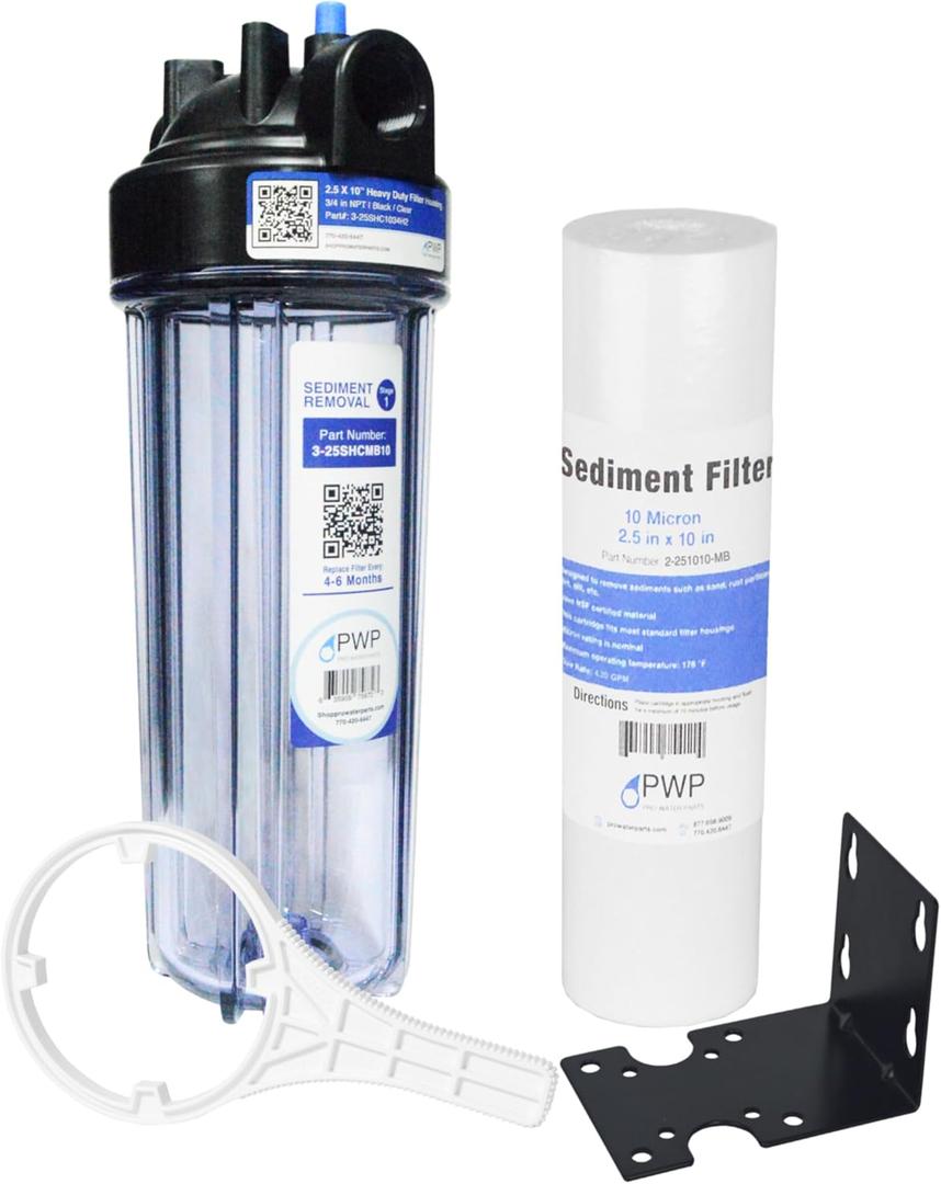 Sediment Water Filtration System with Clear 2.5X 10" Housing 3/4 "Ports, Removes Dirt, Sand, Silt and Rust