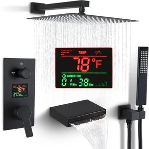 SKWOLL Matte Black Shower Faucet Set Rain Shower Head Digital Shower System 12 Inch Wall Mounted Shower Head with 3 Function LCD Display Valve Kit