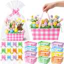 Funnymoom 12 Pcs Easter Basket for Gifts Empty with Cellophane Bag & Ribbon Bow Purple Green Pink Easter Plaid Gift Wrapping Basket for Spring Birthday Wedding Party Favor Supplies 9.8 x 6.5''
