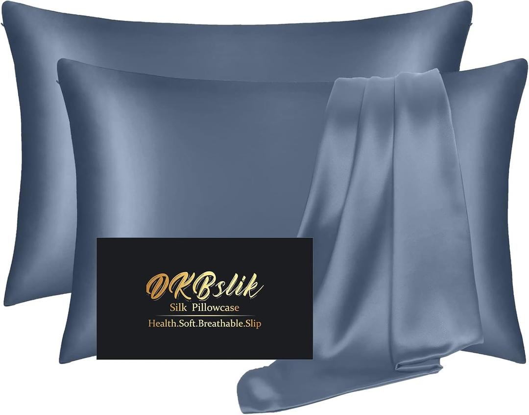 Silk Pillow Cases 2 Pack, Mulberry Silk Pillowcases Standard Set of 2, Soft, Smooth, Anti Acne, Beauty Sleep, Both Sides Natural Silk Satin Pillow Cases for Women 2 Pack with Zipper for Gift, Ash Blue
