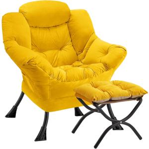 Lazy Chair with Folding Ottoman Modern Large Accent Chair,Contemporary Lounge Leisure Sofa Chair with Armrests Upholstered Sofa Armchair Reading Chair for Bedroom,Dorm & Office (Yellow-f)