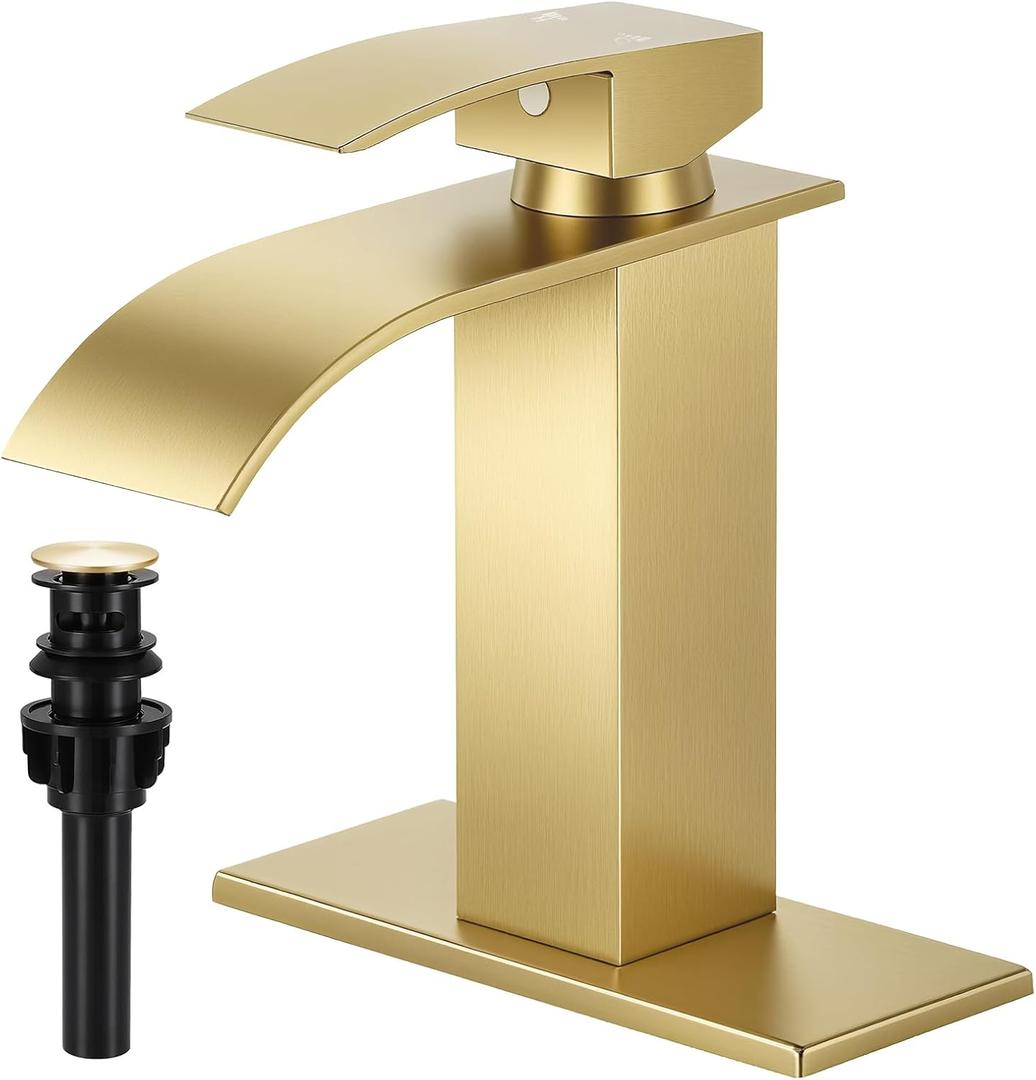 Brushed Gold Bathroom Faucets, Waterfall Bathroom Sink Faucet Single Handle Bathroom Faucet for 1 or 3 Hole, Mixer Tap Vanity Faucet with Deck Plate, Pop-up Drain and Supply Hoses