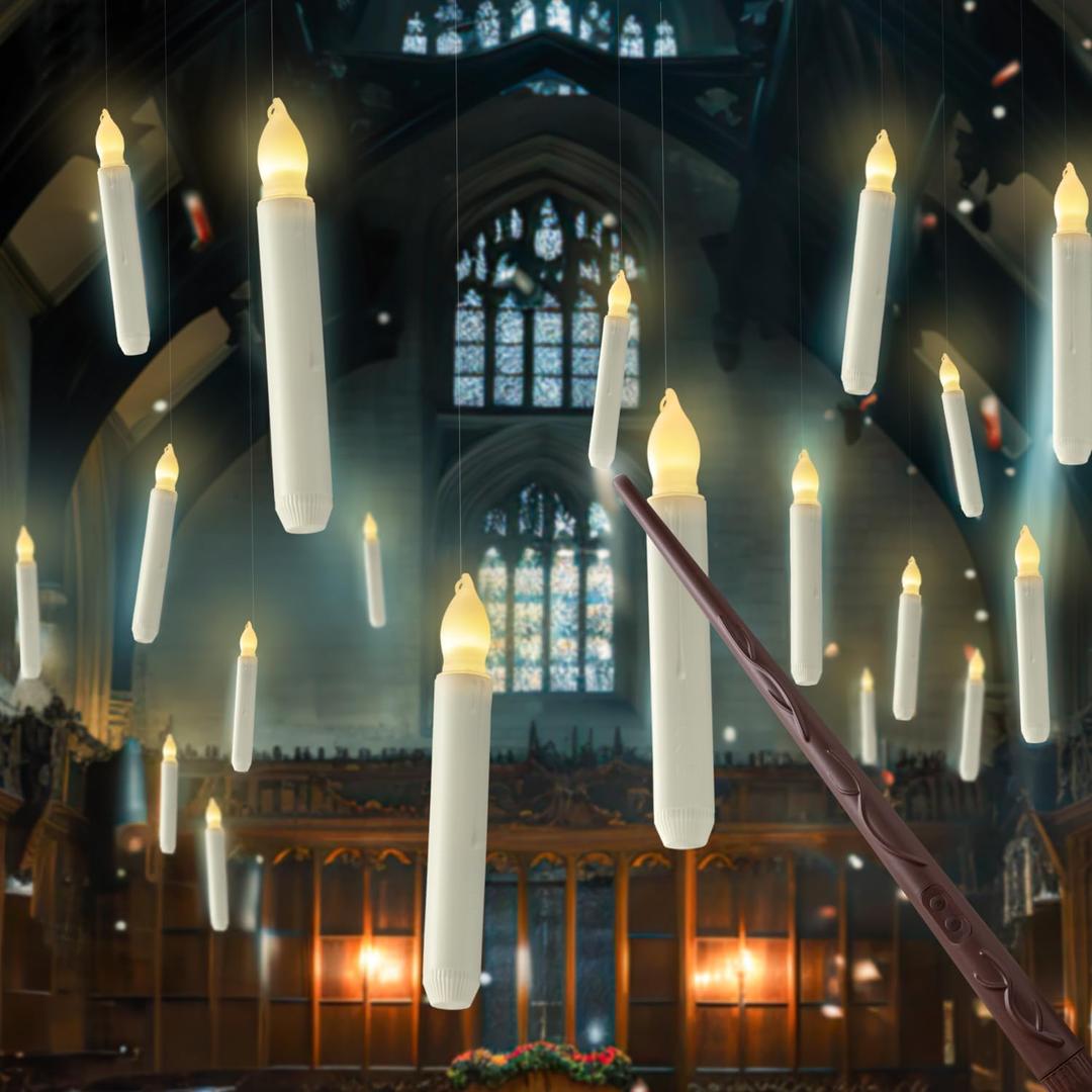 Homemory Hanging Floating Candles with Wand Remote and String, 12 Pcs Flying Flameless LED Taper Candles Warm White Light, Battery Operated Window Candles with Wand for Halloween Christmas Party