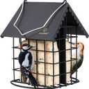 Kingsyard Double Suet Bird Feeder with Weatherproof Roof & Perch, All Metal, Suet Cakes Cage Bird Feeder for Outdoors Hanging, Easy to Clean & Refill, Black