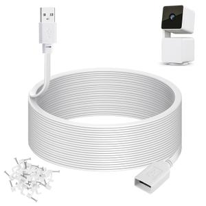 50ft Power Extension Cable Compatible with Blink Mini 2, WyzeCam v4 and Pan v3, Tapo C120, Kasa Indoor, YI Pro, eufyCam E220 Security Cameras - 15m Long Flat USB Male to Female Charging Cord, White