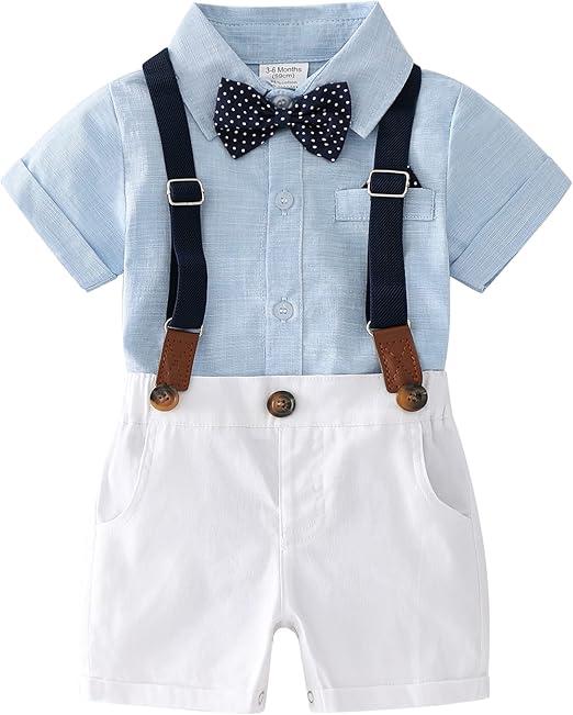 Baby Boys Short Sleeve Gentleman Outfits Suits Shirt Suspender Shorts with Bowtie Infant Clothing Set 3-6M, Light Blue + White