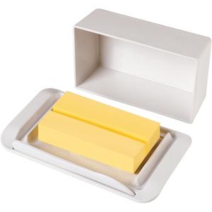 Bamboo Butter Dish with Lid and Knife, Large Butter Keeper for Countertop and Fridge, Holder Container for 2 Sticks East Coast/West Coast/European Style/Kerrygold Butter, Dishwasher Safe, White