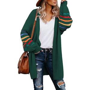 Dokotoo Women's Long Open Front Cardigans Striped Color Block Loose Knit Sweaters Outwear Coat, S, Gree