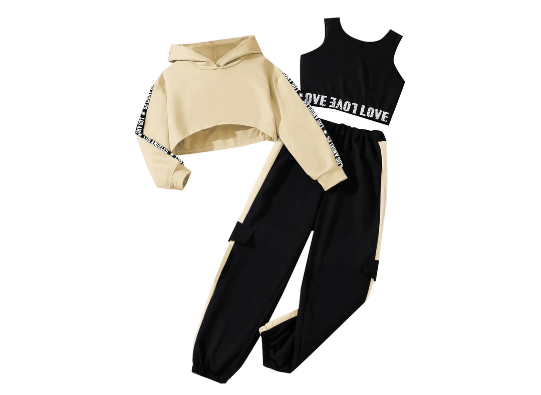 Hilinker Girls Graphic 3 Piece Outfits Workout Hoodie Crop Tank and Sweatpants Set 13-14Y