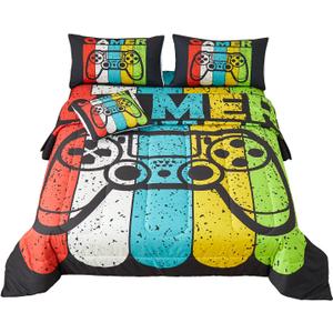 6 Pieces Home Video Gamer Comforter Sets for Boys Teens and Adults,Black Theme,3D Video Game Bedding Sets with Comforter,Flat Sheet,Fitted Sheet,Throw Pillow Cover,Pillow Shams,Twin Size (A100)