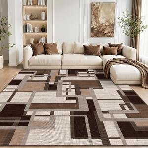 Modern Geometric 8x10 Area Rugs for Living Room, Coffee Brown Washable Rug