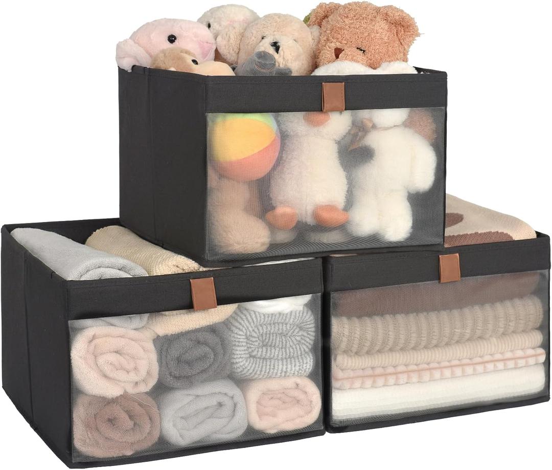 StorageWorks Closet Storage Bins, Extra Large Storage Baskets with Clear Window and Handles, Foldable Fabric Organizer for Clothes, Shelves, Black, 3 Pack