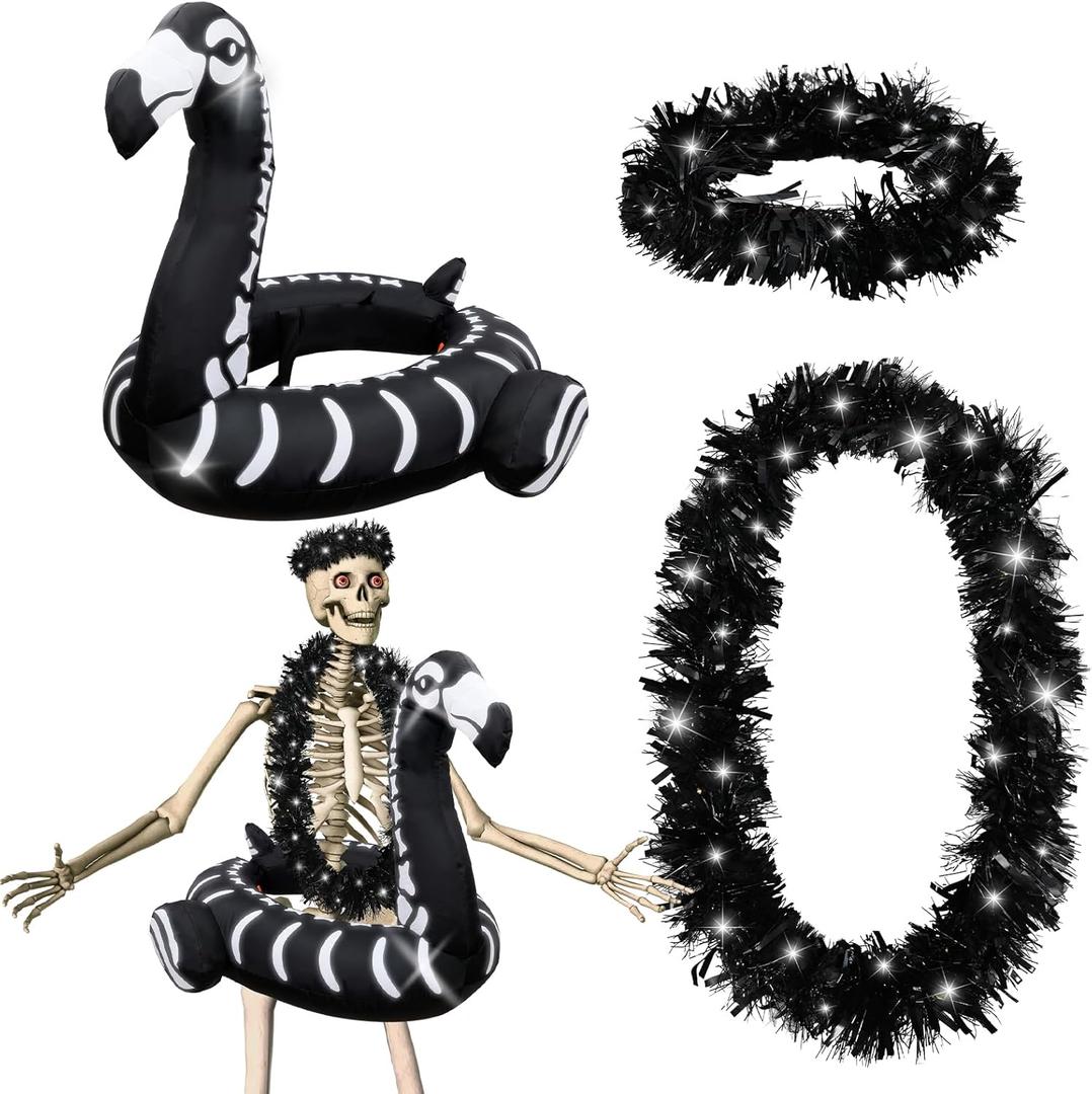 4 Pcs 12 ft Skeleton Costumes Set Includes Inflatable Flamingo Swimming Ring with Light Chest Ring Headpiece for Party Garden Lawn Decor