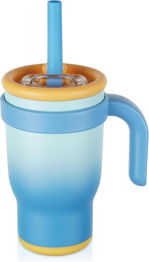 14oz Toddler Sippy Cup Vacuum Insulated Stainless Steel Kids Cup with Handle, Spill-Proof Straw, Leak-Proof Travel Cup for Home or On-the-GoCup (Blue White)