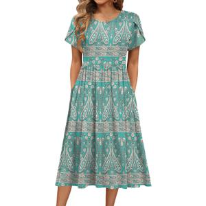 HOTOUCH Women's Summer A-Line Midi Dresses 2026 Casual Floral Short Sleeve T-Shirt Dress Flowy Beach Sundress with Pockets (XXL)
