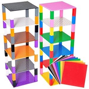 Strictly Briks Stackable Baseplates - Compatible with Lego, 6 x 6 in Baseplates for Buildling Blocks, Display Tower, Expand Vertical Builds, 12 Baseplates & 80 Stackers, Kids Easter Gift, Rainbow