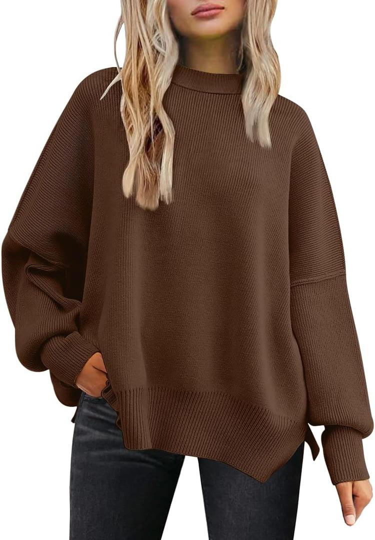 LILLUSORY Women's Oversized Batwing Sweaters 2025 Fall Outfits Trendy Crewneck Knit Side Slit Fashion Pullover Tops (Medium, Chocolate Brown)