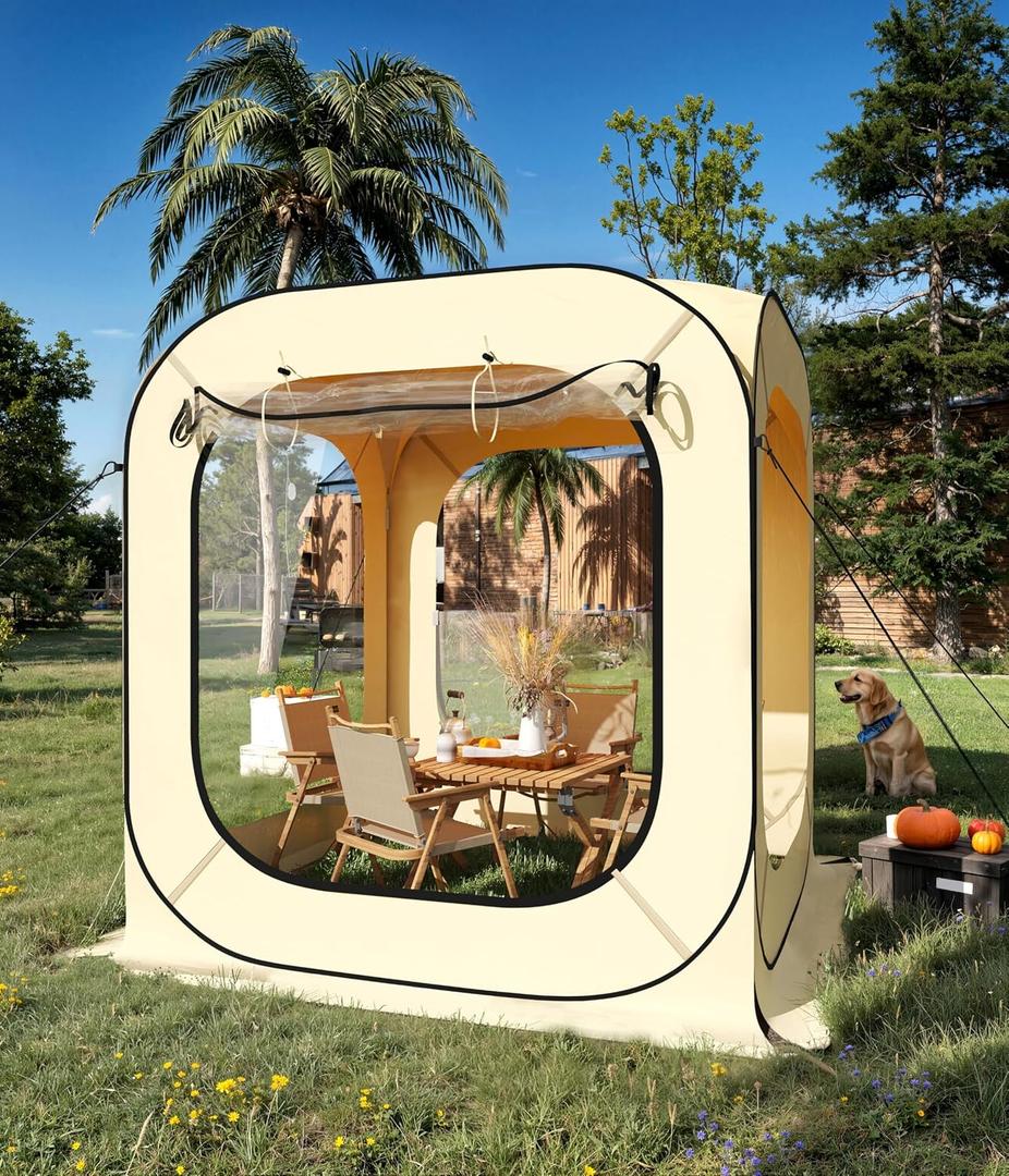 Garvee 6x6 Ft Pop Up Screen Tent, 2-3 Person Portable Screen House Room Instant Bubble Tent Shelter, Rainproof Camping Sun Shelter Coldproof for Patio, Backyard, Deck, Sports Events, Beige, 70"x70"