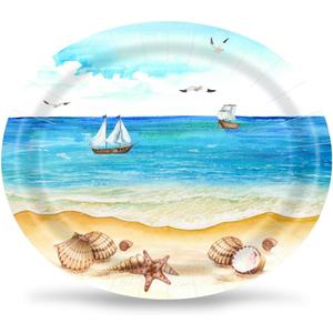 50 Count Nautical Beach Oval Paper Plates Platter 10" x 12" Disposable Sea Shells Ocean Serving Dish for Spa Party Baby Shower Summer Holiday Party Tableware Supplies Decor