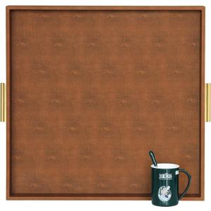HofferRuffer Extra Large Square Serving Tray, Elegant Faux Leather Ottoman Tray with Gold Hardware Handles, Serve Tea, Coffee or Breakfast in Bed, 24 x 24 inches (Brown Shagreen)