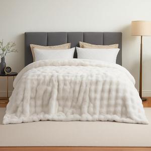 Amlie Home Faux Fur Throw Blanket for Bed, Ultra Soft Fuzzy Plush Bubble Blanket for Bedroom & Bed Decor, 108"x90", Cream White