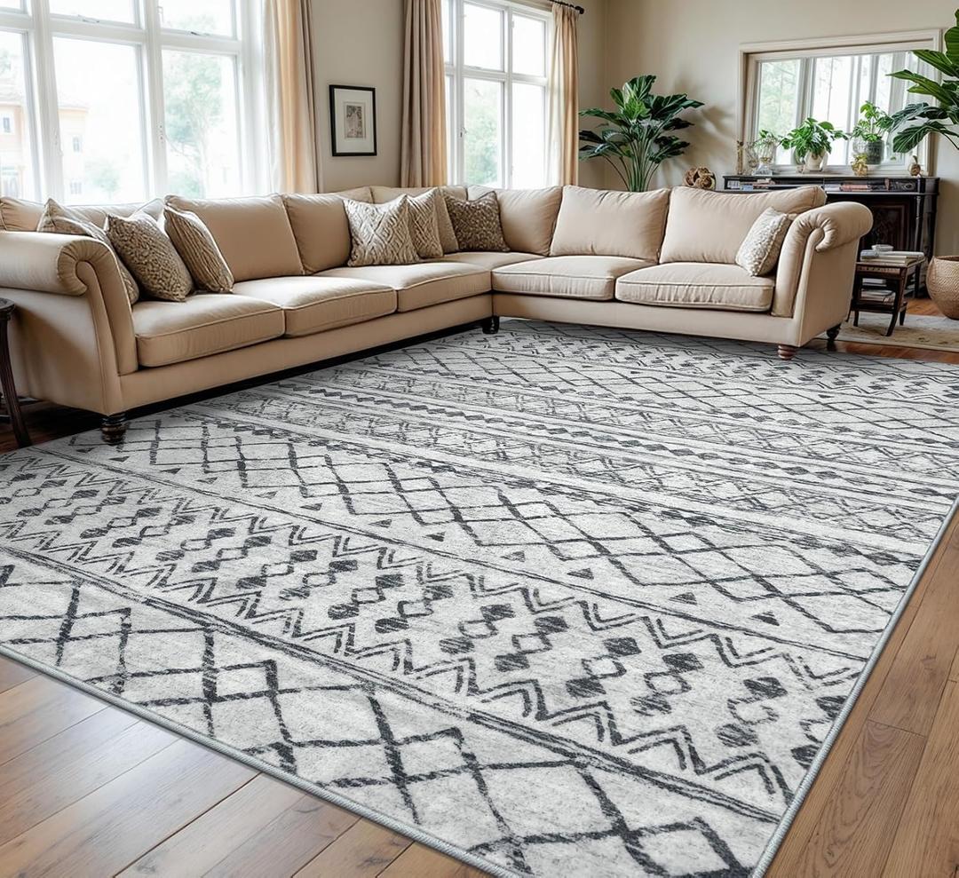 KUTA Washable Rugs 9x12 Grey, Moroccan Boho Large Area Rug Non-Slip, Ultra Soft Geometric Tribal Traditional Farmhouse Carpet for Living Room Dining Room Bedroom Dorm Office Home Decor (9' x 12' (Rectangular))