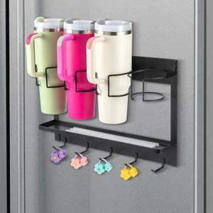 CINPIUK Water Bottle Organizer Holder, Magnetic Cup Rack Storage for Stanley & Large Tumbler, Space Saving Wall Mount Bottle Organizer with 5 Hook, Easy to Install, Black