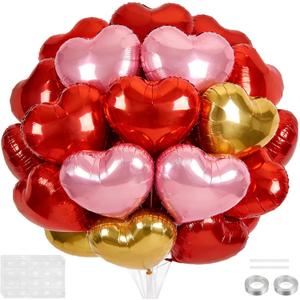 18 Inch Red & Pink & Gold Heart Balloons, 30 Pcs Foil Heart Shaped Balloon Large Foil Valentines Balloons Helium Support for Valentine's Day Wedding Bridal Engagement Party Anniversary Decorations