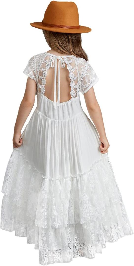 BIBIHOU Girls Kids Lace Back Full-Length Backless Tulle Party Holiday Formal Flower Girl Dress (10 Years, 4-white)