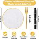Rubtlamp 200 Pcs Clear Gold Dessert Plates with Forks, 6 inch Hammered Gold Small Disposable Plates, Fancy Appetizer Platos Include 100 Cake Plate,6 inch 100 gold Forks for Birthday, Wedding, Teatime