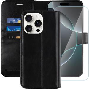 MONASAY Wallet Case Compatible for iPhone 16 Pro 5G, [Glass Screen Protector Included] [RFID Blocking] Flip Folio Leather Cell Phone Cover with Credit Card Holder, 6.3-inch, Black