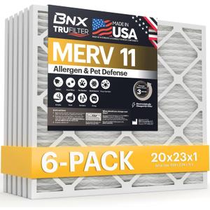 BNX TruFilter 20x23x1 Air Filter MERV 11 (6-Pack) - MADE IN USA - Allergen Defense Electrostatic Pleated Air Conditioner HVAC AC Furnace Filters for Allergies, Dust, Pet, Smoke, Allergy MPR 1200 FPR 7