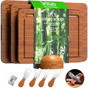 Bamboo Cutting Board for Kitchen, Wood Cutting Board Set with Holder & 4 Knives & Finger Guard, Charcuterie & Chopping Board with Juice Groove, Kitchen Gadgets, Brown