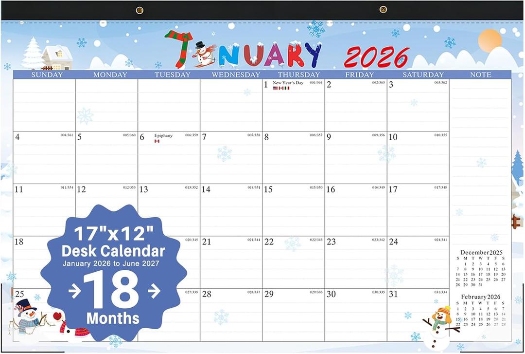 2 x 2026 desk calendar 17x12 Inch-Wall & Desk Planner Dual-Use Design,18-Month Use, clear plastic cover